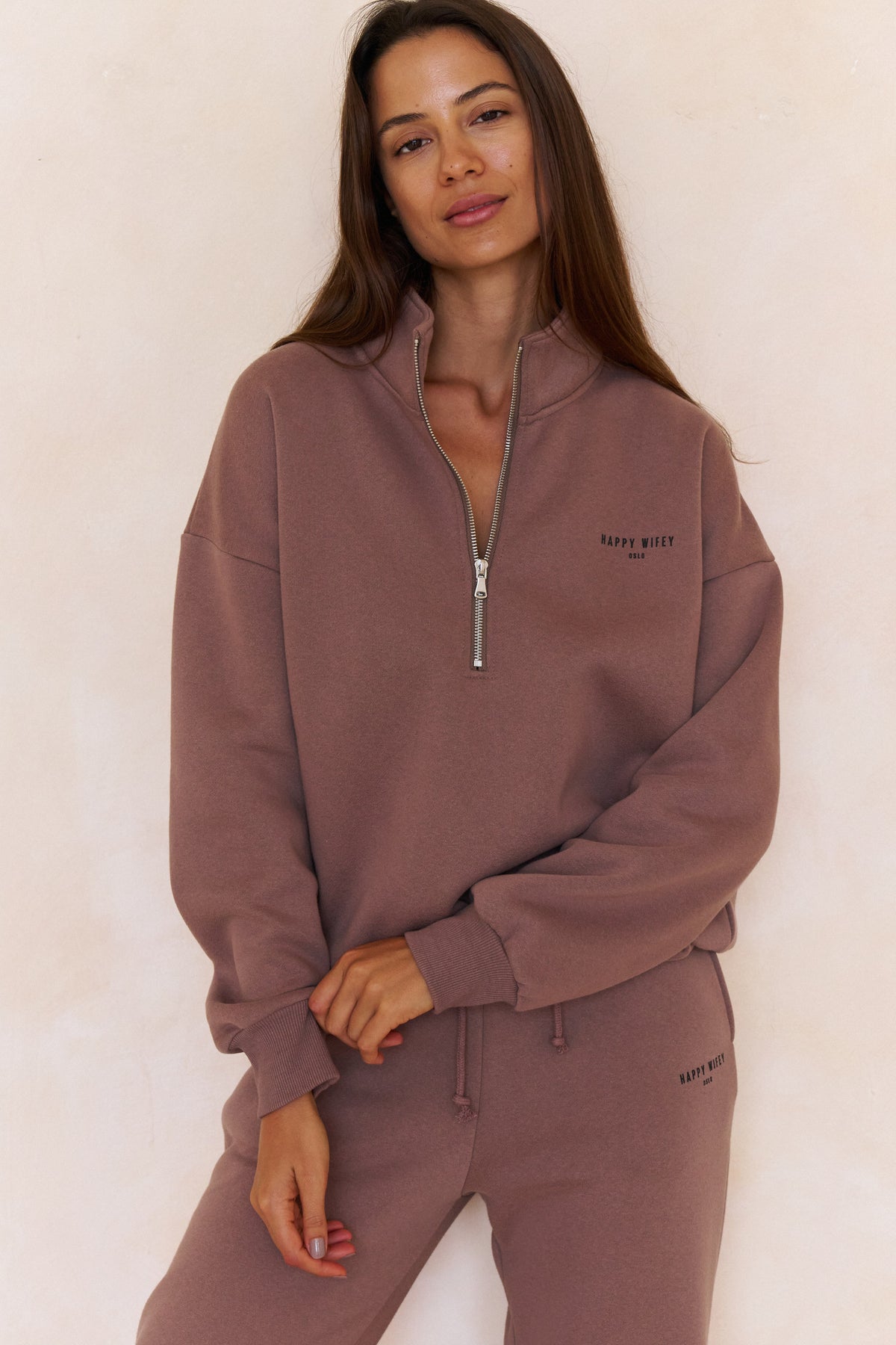 Two-Piece Zip Sweatshirt and Straight-Leg Pants in Soft Brown