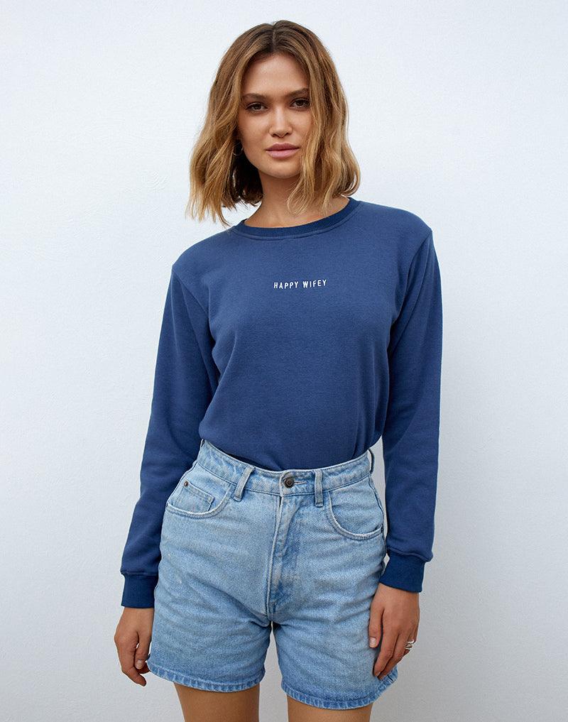 Model wearing blue Happy Wifey sweatshirt