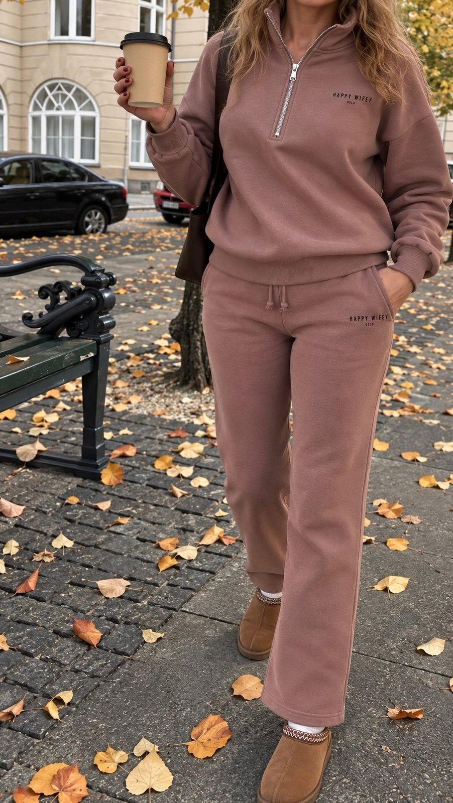 Soft brown Happy Wifey matching set on an autumn street