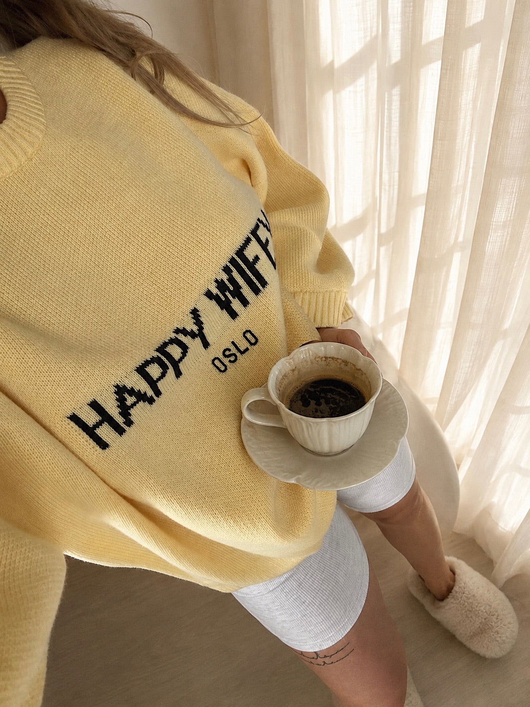 Sunny Yellow sweater and coffee in the morning light